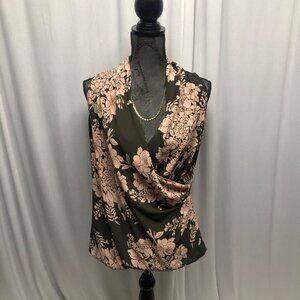 Cabi Floral Sleeveless Wrap Blouse Womens Size Small Brown Pink Draped Top
